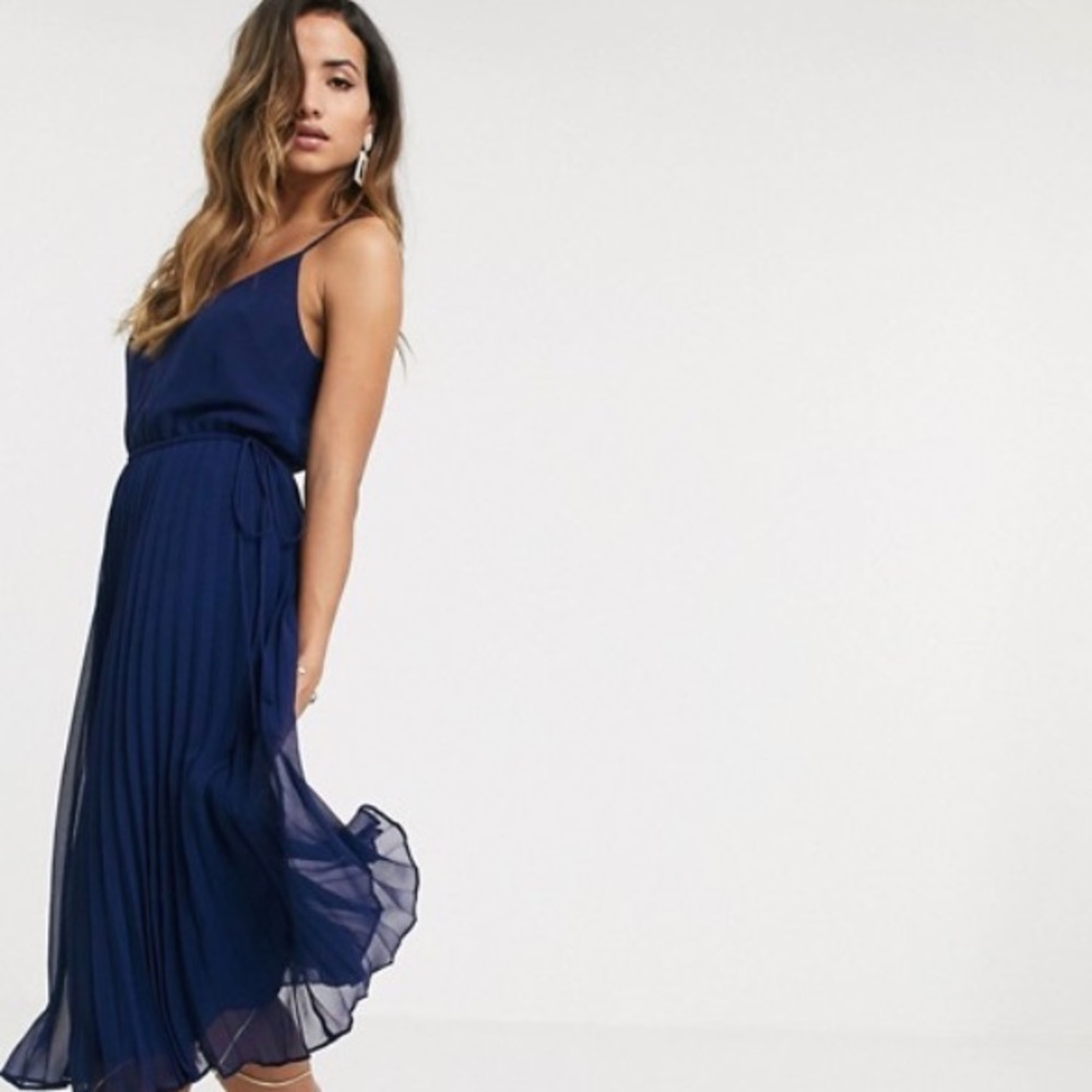 Navy Pleated Midi Dress (size 2)- ASOS